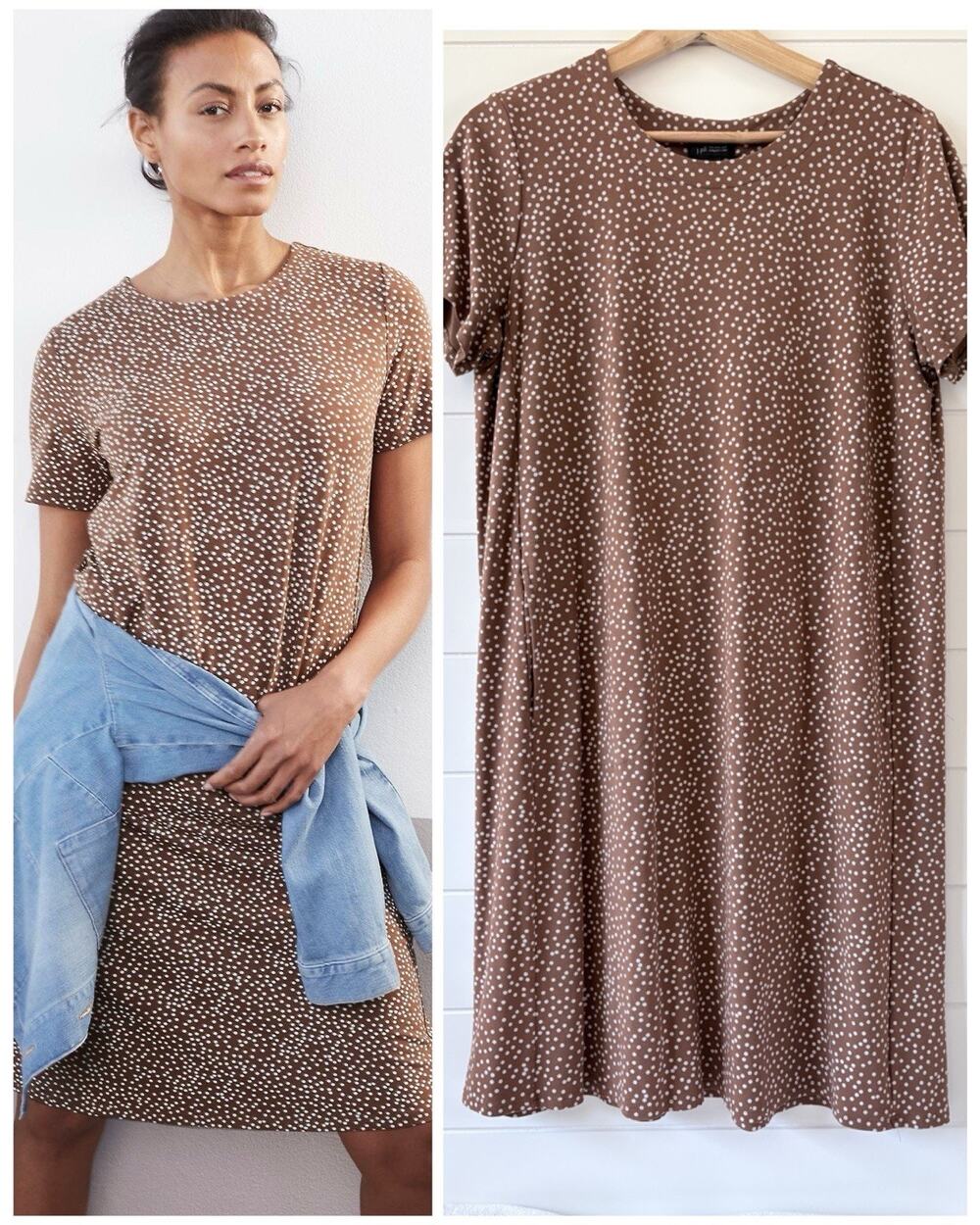 J Jill‎ Wearever Collection Brown Polka Dot T-Shirt Dress A-line Stretch Knit M